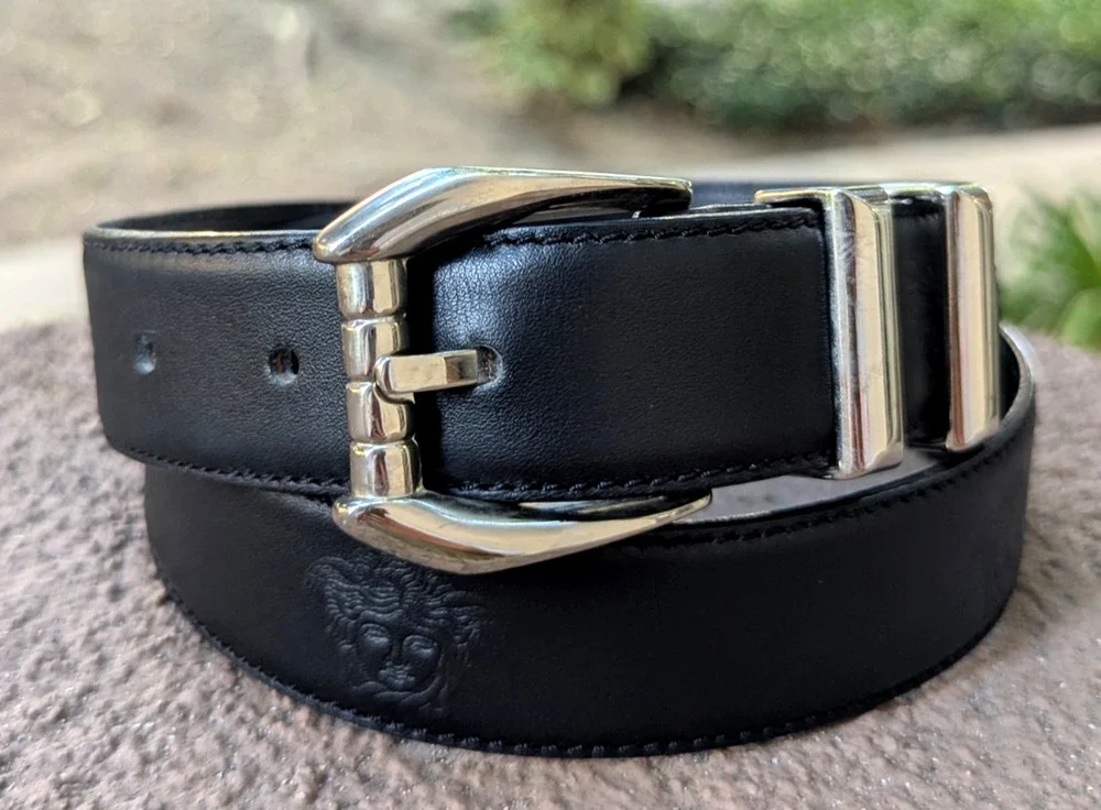 GIANNI VERSACE 90's Silver Buckle MEDUSA Belt Black Leather Size 27 28 29 30 31